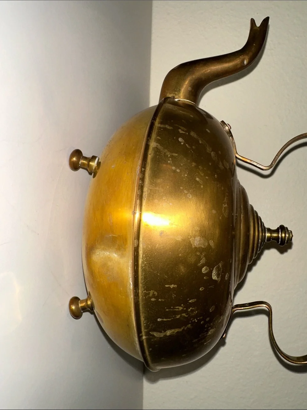 Antique-Inspired Brass Footed Tea Kettle with Amber Glass Handle